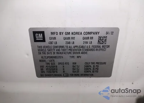 2022 Chevrolet Trax Awd Lt from USA, damaged, VIN KL7CJPSM0NB537074